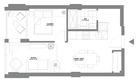 Floor plan for 1 bed, 1 bath, 470 sqft